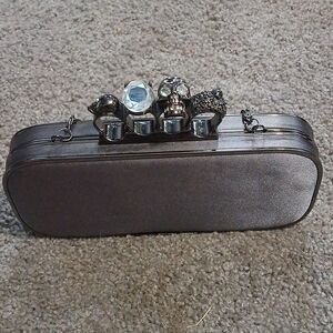 McQueen Style Jeweled/Skull Gray/Chrome Clutch Bag w/Chair strap